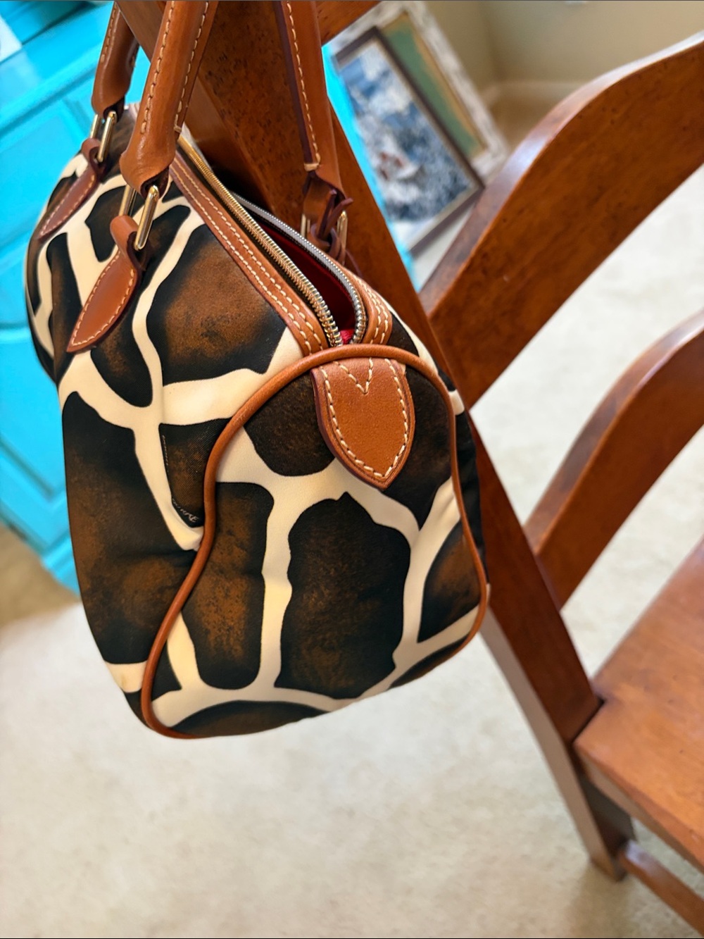 Dooney & Bourke Brown and White Giraffe Print Leather Duffel - Picture 8 of 10
